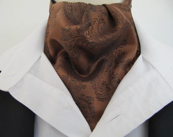Mens Dark Copper and Black Paisley Satin Ascot Cravat / Pocket Square