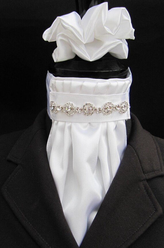 Ready Tied White Faux Silk Bib /& Rose Gold /& Black Diamante Dressage Stock Tie