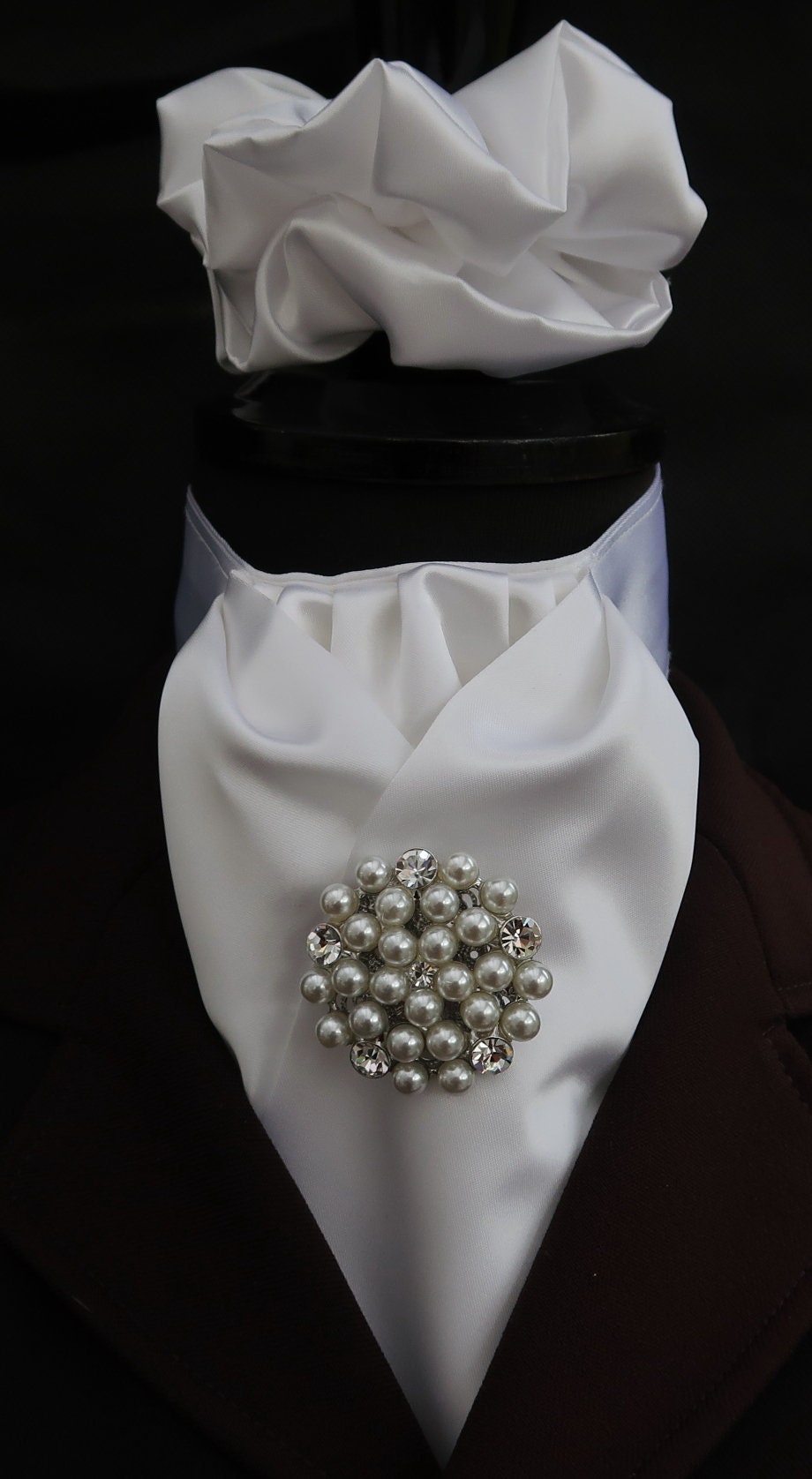 Ready Tied White Faux Silk Bib & 3 Rows Diamante Dressage Riding Stock Scrunchie