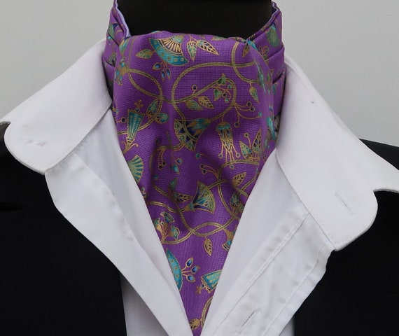 Cravate Ascot Carrée En Coton - Lilas, Violet, Turquoise Et Or - Trésors D'Alexandrie