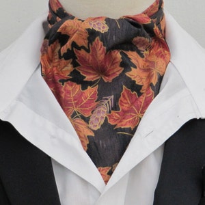 Black, Gold & Orange Leaf Design Cotton Lawn Ascot Cravat + Kerchief