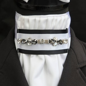 Ready Tied White Faux Silk Bib with Black and Diamante Detail Riding Stock Scrunchie