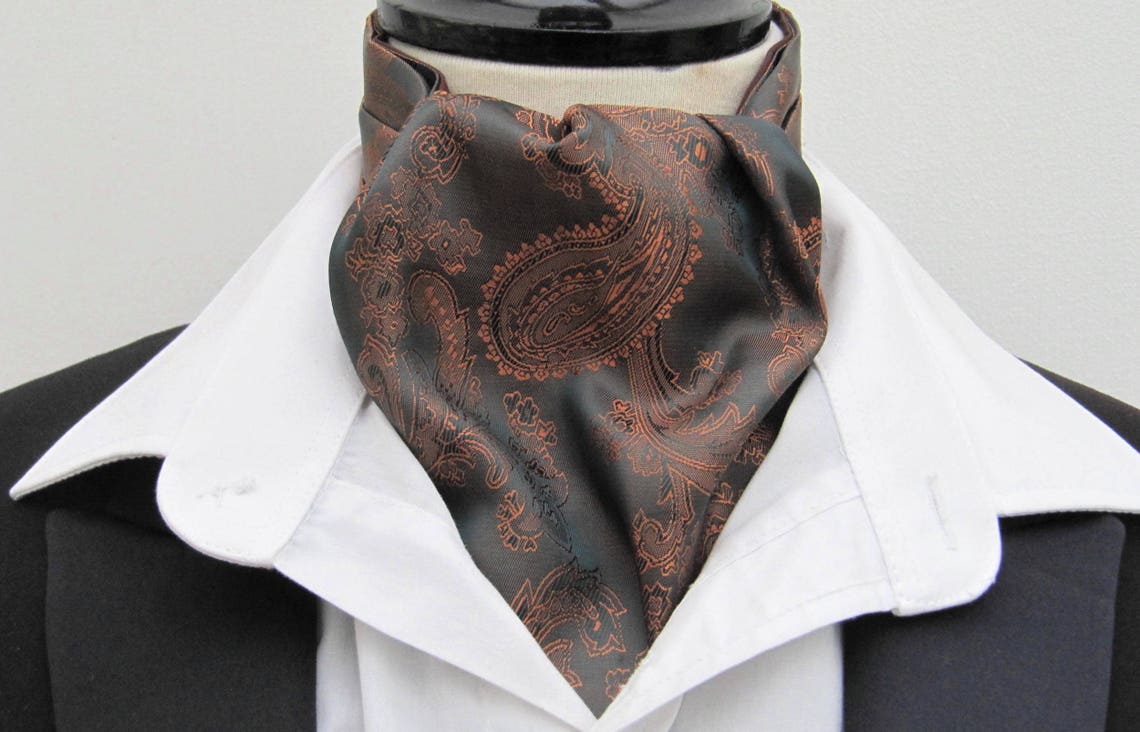 Cravate Ascot Homme + Carré De Poche - Cuivre Et Noir - Cachemire Satin - Fabrication UK