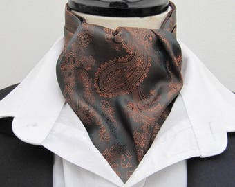 Mens Dark Chocolate and Copper Paisley Satin Ascot Cravat / Pocket Square