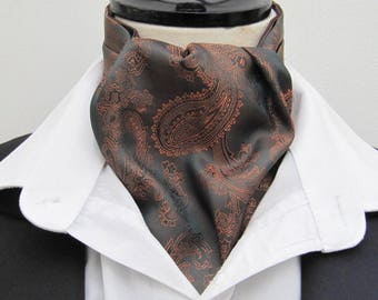 Mens Dark Chocolate and Copper Paisley Satin Ascot Cravat & Handkerchief