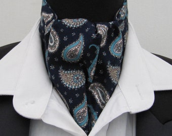 Mens Navy Blue, Light Blue and Ivory Paisley Cotton Ascot Cravat and Pocket Square