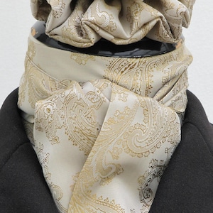 Ready Tied or Self tie Tan and Gold Paisley Satin Riding Stock and Scrunchie