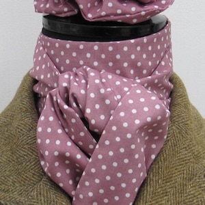 Ready Tied or Self tie Dusty Pink and White Pin Dot Cotton Riding Stock/Scunchie
