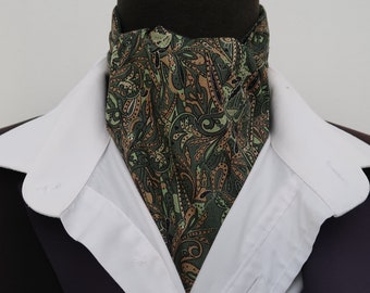 Mens Shades of Green Paisley Design Cotton Ascot Cravat / Pocket Square