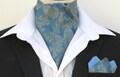 Mens French Blue & Gold Paisley Satin Ascot Cravat / Pocket Square
