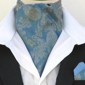 Mens French Blue & Gold Paisley Satin Ascot Cravat / Pocket Square