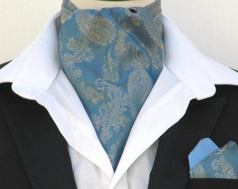 Franse blauw-gouden paisley satijnen ascot das / pochet