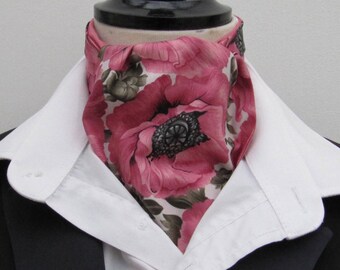 Mens Dusty Pink Poppy Design Cotton Lawn Ascot Cravat & Handkerchief