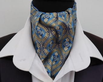 Mens Royal Blue and Gold Byzantine Design Cotton Ascot Cravat and Pocket Square