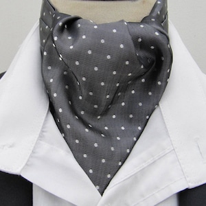 Mens Steel Grey & White Pin Dot Silky Satin Ascot Cravat / Pocket Square