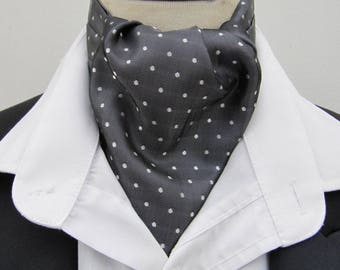 Mens Steel Grey & White Pin Dot Silky Satin Ascot Cravat + Kerchief/Pocket Square