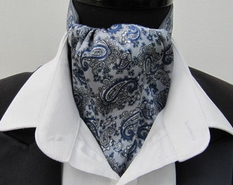 Mens Silver Grey and Royal Blue Paisley Satin Ascot Cravat / Pocket Square