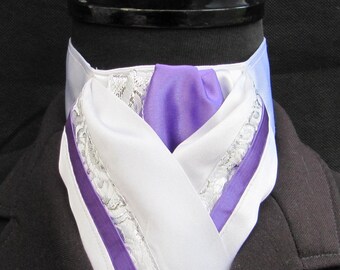 Ready Tied White Lilac Silver Paisley Faux Silk Riding Stock & Scrunchie Ready Tied White Lilac Silver Paisley Faux Silk Riding Stock & Scrunchie