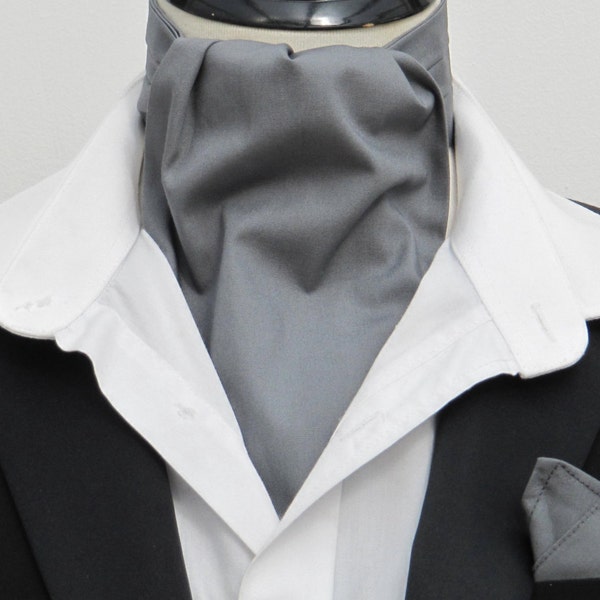 Mens Steel Grey Plain 100% Cotton Ascot Cravat + Kerchief