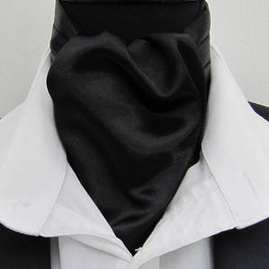 Mens Plain Jet Black Satin Dupion Ascot Cravat & Pocket Square
