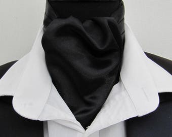 Mens Plain Jet Black Satin Dupion Ascot Cravat & Pocket Square