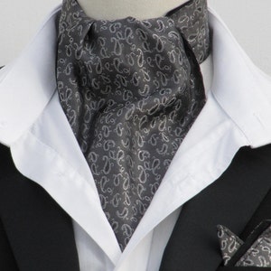 Mens Grey Satin with Small Silver Paisleys Ascot Cravat + Kerchief