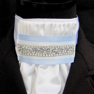 Ready Tied White Faux Silk Bib with Baby Blue Diamante Riding Stock/Scrunchie