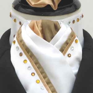 Ready Tie White with Two Colour Golds Faux Silk Riding Stock Tie Scrunchie Diamantes