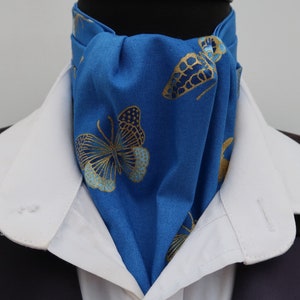 Mens Royal Blue with Gold and Blue Butterfly Design Cotton Ascot Cravat and Pocket Square
