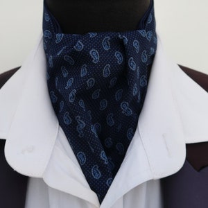 Mens Navy Blue and Pale Blue Paisley Cotton Ascot Cravat and Pocket Square