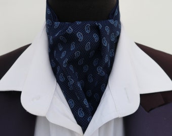 Mens Navy Blue and Pale Blue Paisley Cotton Ascot Cravat and Pocket Square