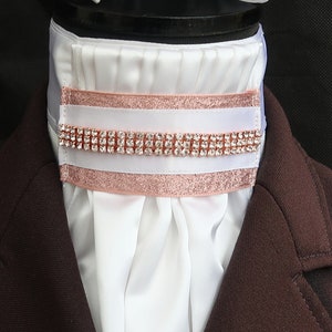 Ready Tied White Faux Silk Bib with Rose Gold Diamantes and Ribbon Detail Riding Stock Scrunchie