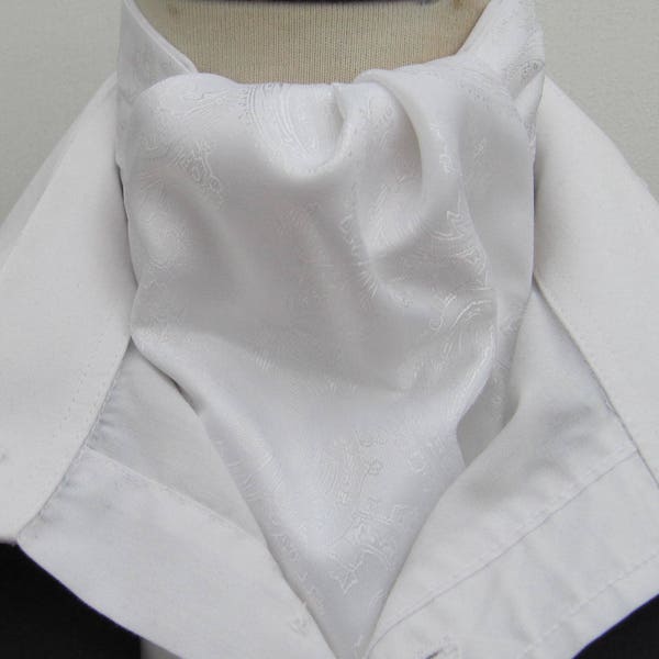 Mens Pure White Paisley Satin Ascot Cravat and Matching Pocket Square