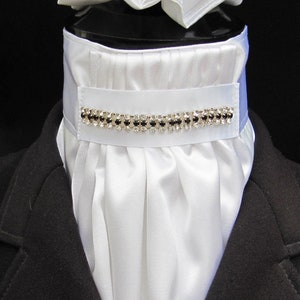 Ready Tied White Faux Silk Bib & 3 Rows Diamante Dressage Riding Stock Scrunchie