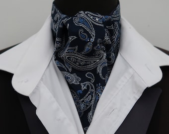 Mens Navy Blue and White Pasiley Cotton Ascot Cravat / Pocket square