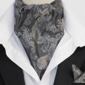 Mens Grey & Silver Shot Paisley Satin Ascot Cravat + Kerchief