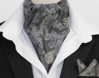 Mens Grey & Silver Shot Paisley Satin Ascot Cravat + Kerchief