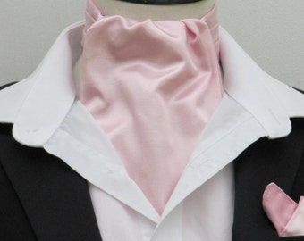 Mens Baby Pink Faux Silk Ascot Cravat + Kerchief