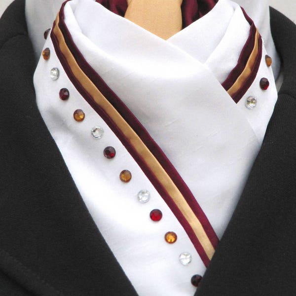 Ready Tied White Gold & Burgundy Triple Piping with Diamantes Dressage Riding Stock Scrunchie