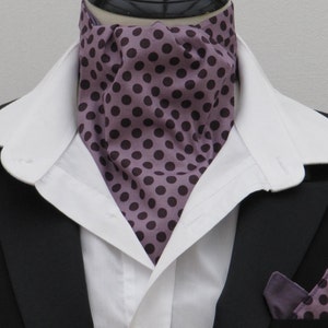 Mens Mauve and Plum Polka Dot Cotton Ascot Cravat + Kerchief