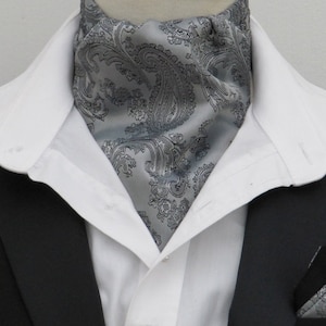 Mens Silver & Black Shot Paisley Satin Ascot Cravat + Kerchief