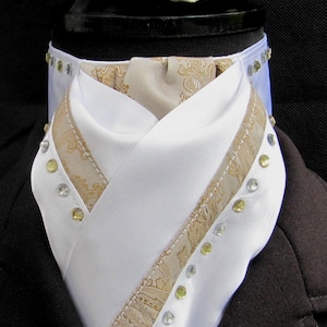 Ready Tied White Faux Silk with Tan and Gold Paisley Detail with/without Diamantes Riding Stock/Scrunchie