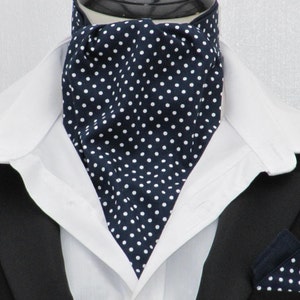 Mens Navy and White Pin Dot Cotton Ascot Cravat + Kerchief