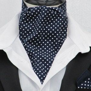 Mens Navy and White Pin Dot Cotton Ascot Cravat / Pocket Square