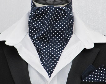 Homme Marine et White Pin Dot Coton Ascot Cravat + Mouchoir