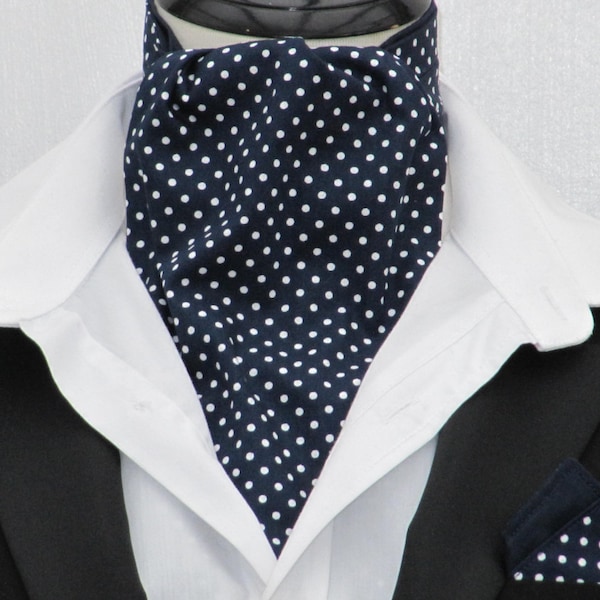 Mens Navy and White Pin Dot Cotton Ascot Cravat + Kerchief