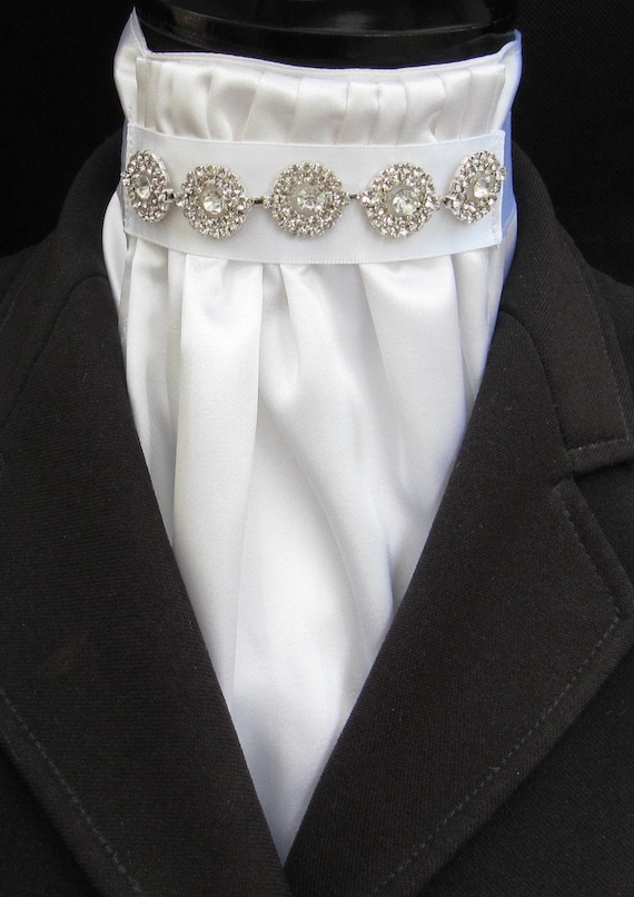 Ready Tied White Faux Silk Bib /& Rose Gold /& Black Diamante Dressage Stock Tie