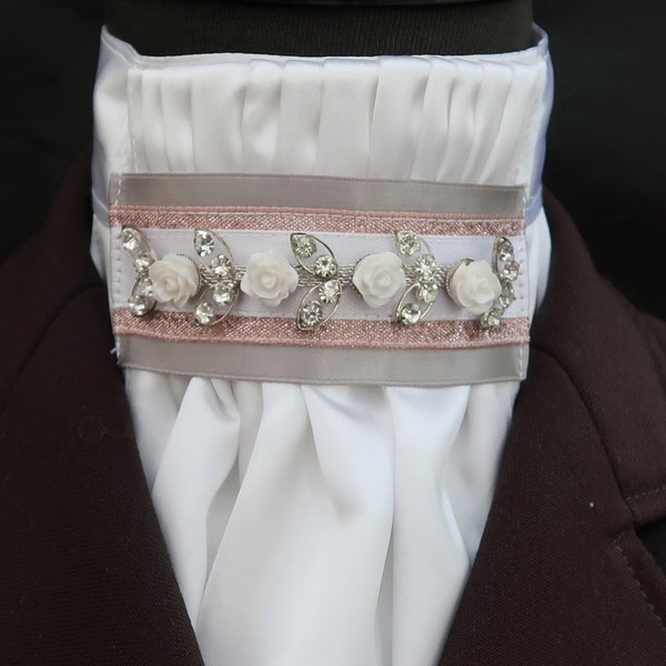 Ready Tied White Faux Silk Bib with Grey Rose Gold and Ivory Rose and Diamante Detail Riding Stock Scrunchie Pocket Square