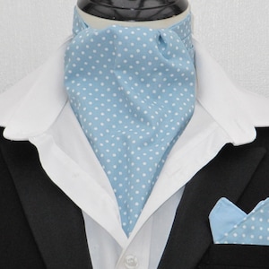 Mens Dusty Blue and White Pin Dot Cotton Ascot Cravat / Pocket Square