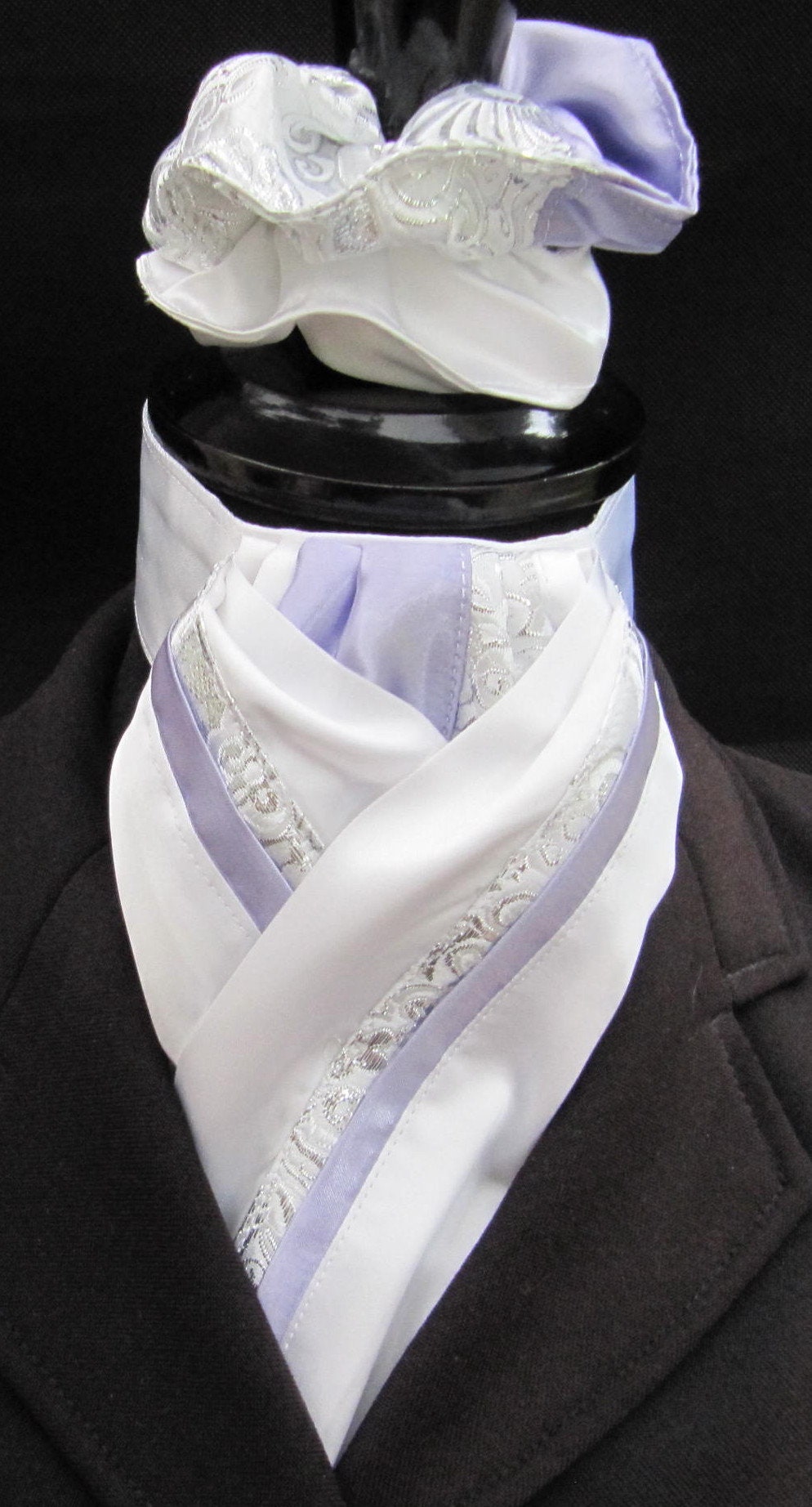 Ready Tied White Lilac Silver Paisley Faux Silk Riding Stock & Scrunchie Ready Tied White Lilac Silver Paisley Faux Silk Riding Stock & Scrunchie